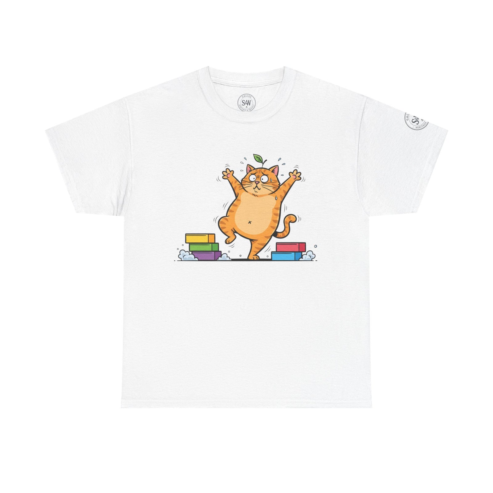 White T-shirt with a cartoon cat balancing on books by S&W Gallus, featuring a round neck and short sleeves.

