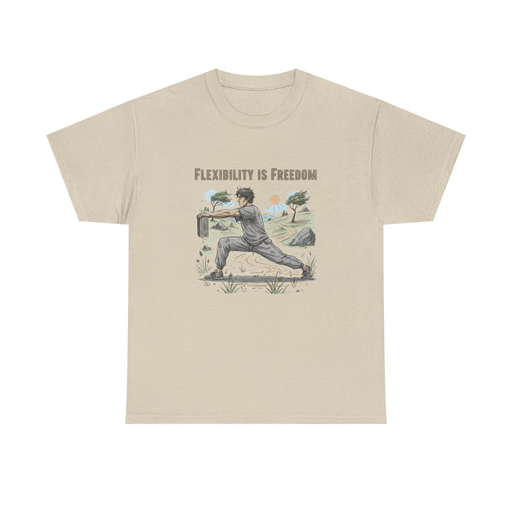 Flexibility Is Freedom Tee – soft, breathable cotton featuring a motivational design. Perfect for yoga, Pilates, stretching, or casual active lifestyle wear.