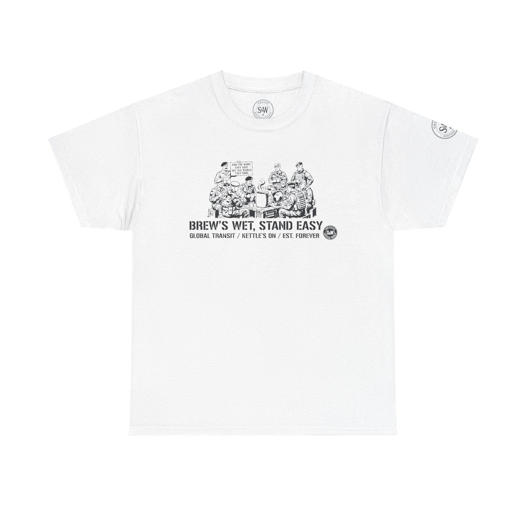 White graphic tee by S&amp;W Gallus with a cartoon graphic and text design on the front.