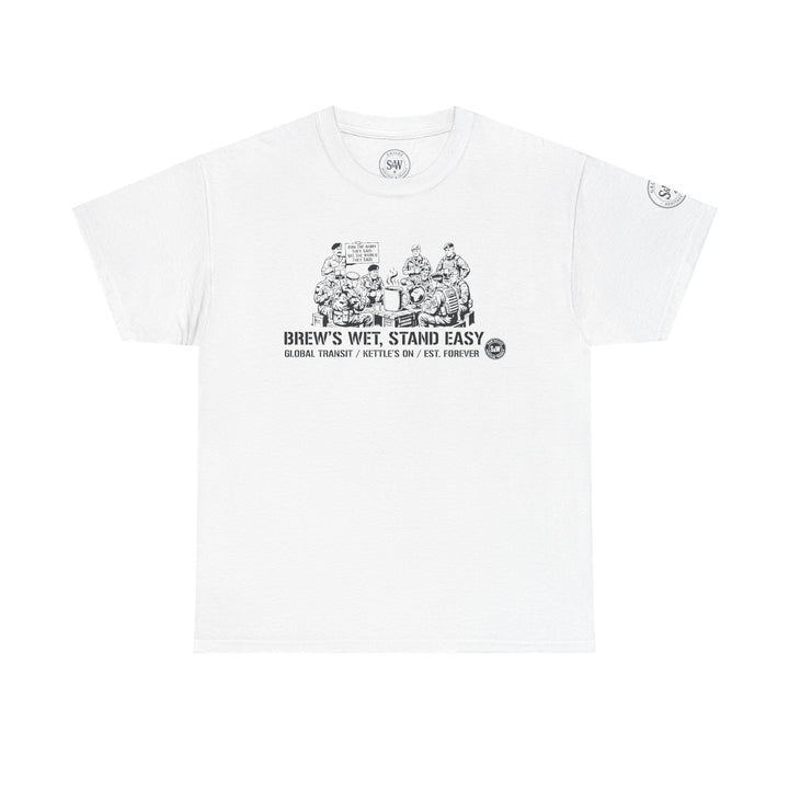 White graphic tee by S&amp;W Gallus with a cartoon graphic and text design on the front.