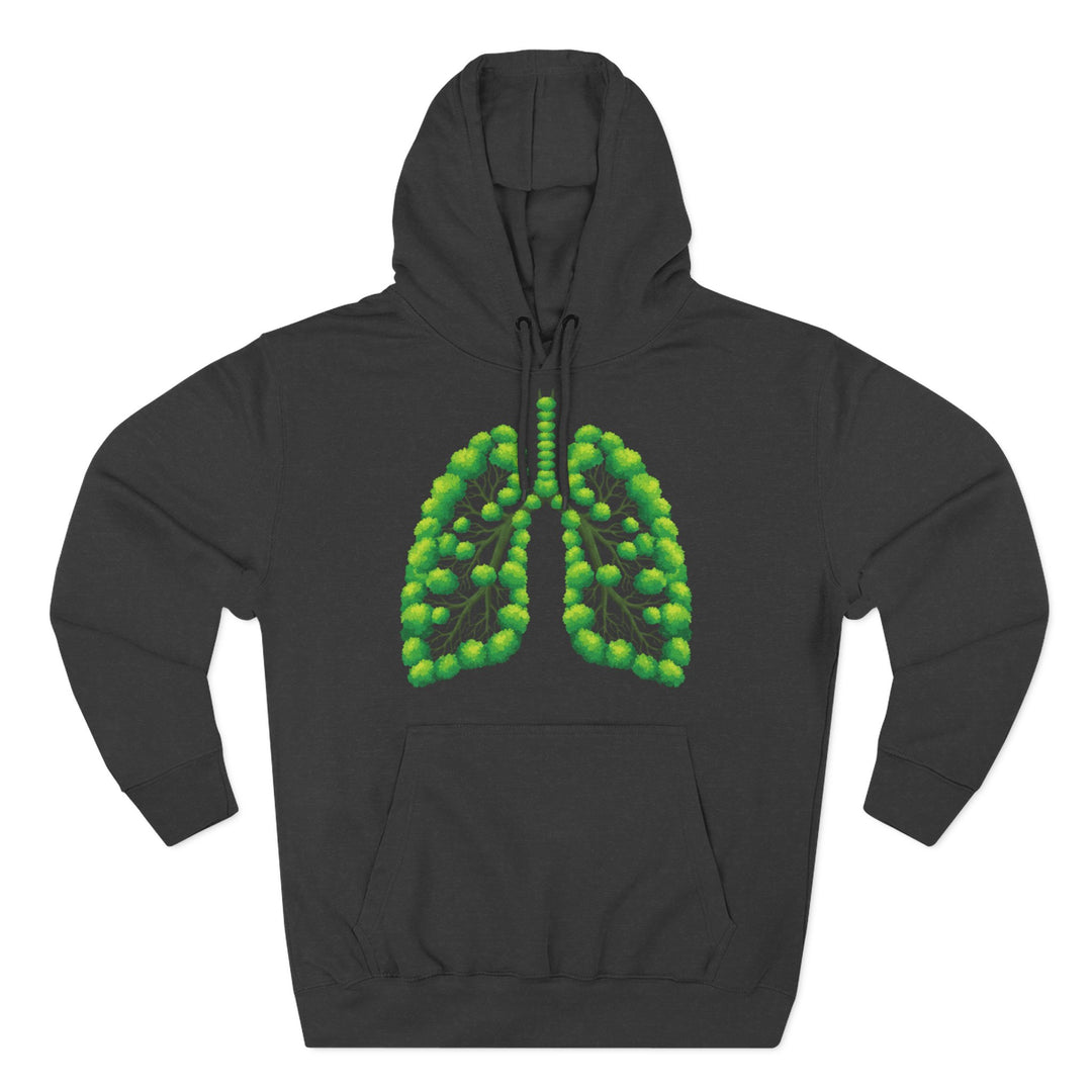 Charcoal hoodie by S&amp;W Gallus featuring a green stylized lungs graphic on the front.