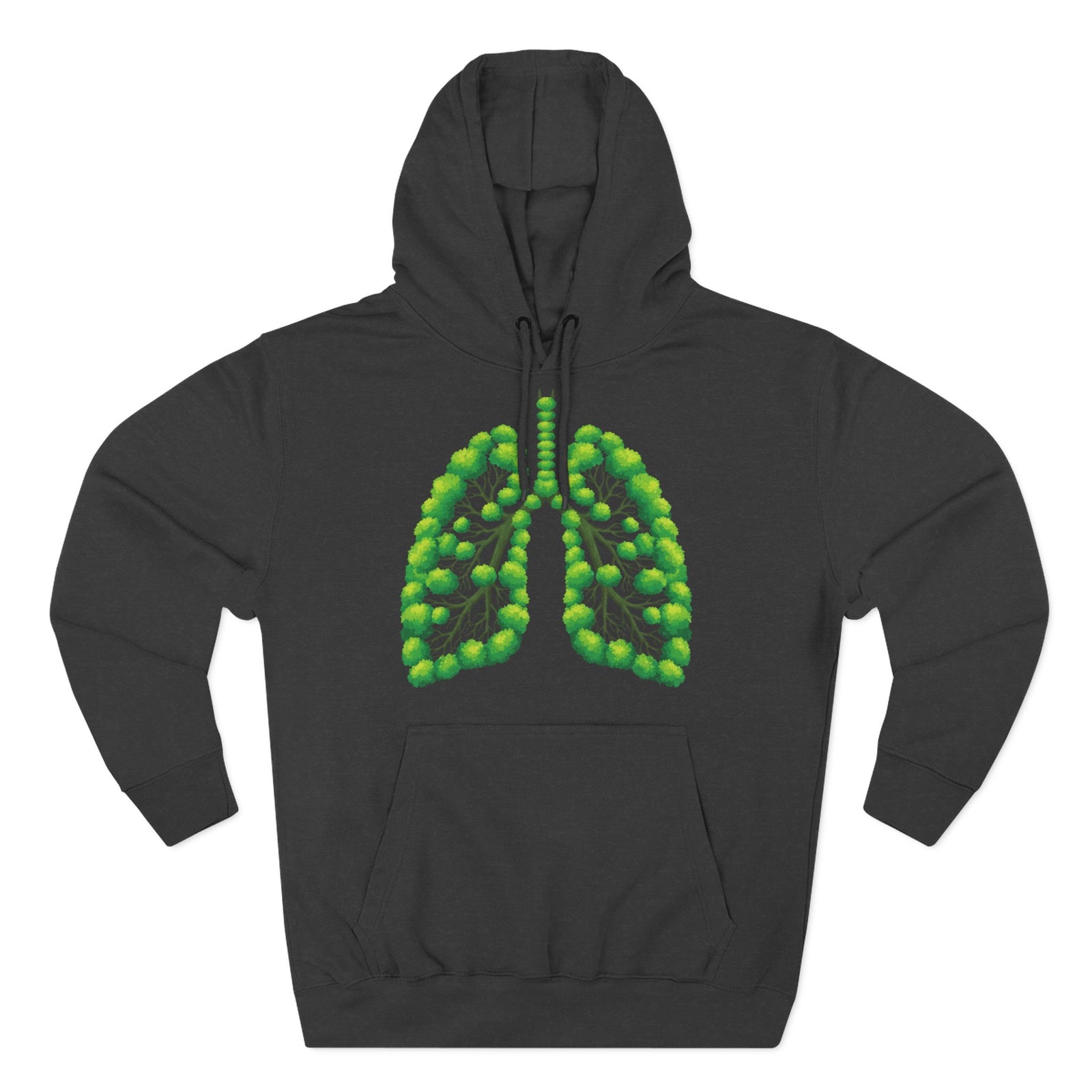 Charcoal hoodie by S&W Gallus featuring a green stylized lungs graphic on the front.