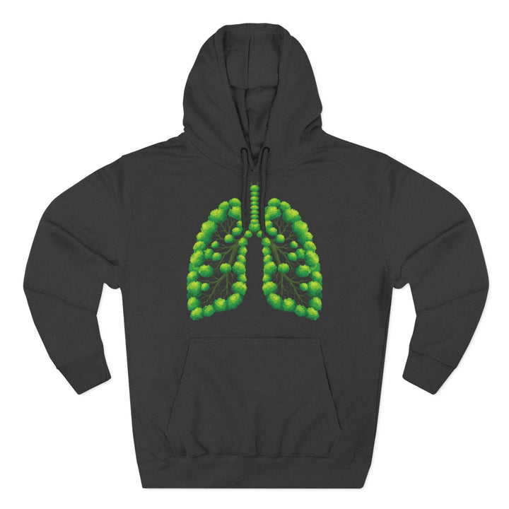 Charcoal hoodie by S&amp;W Gallus featuring a green stylized lungs graphic on the front.