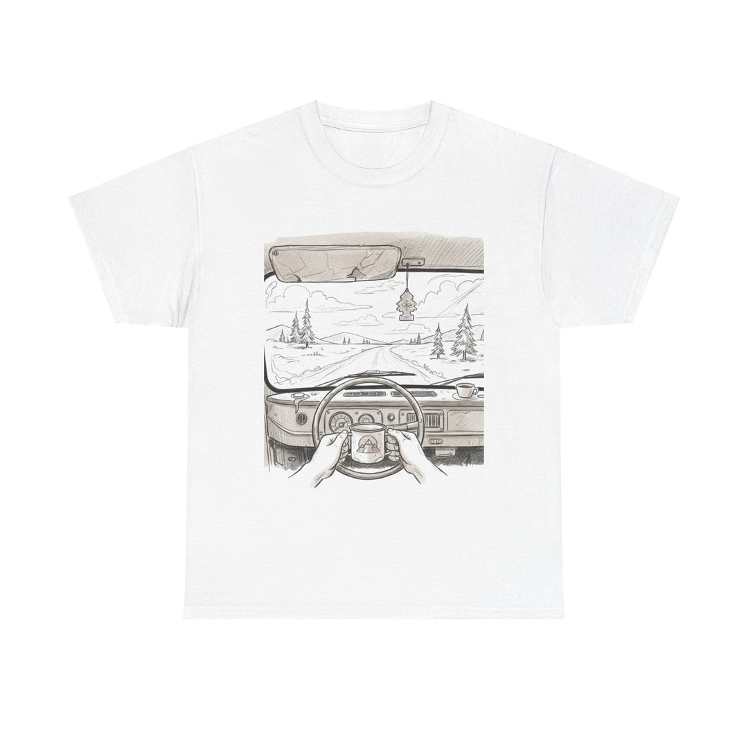 Scenic Drive Van Illustration Tee – soft cotton with a detailed van and landscape design. Perfect for road trips, outdoor adventures, and casual wear.