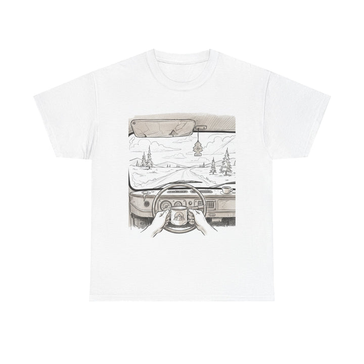 Scenic Drive Van Illustration Tee – soft cotton with a detailed van and landscape design. Perfect for road trips, outdoor adventures, and casual wear.
