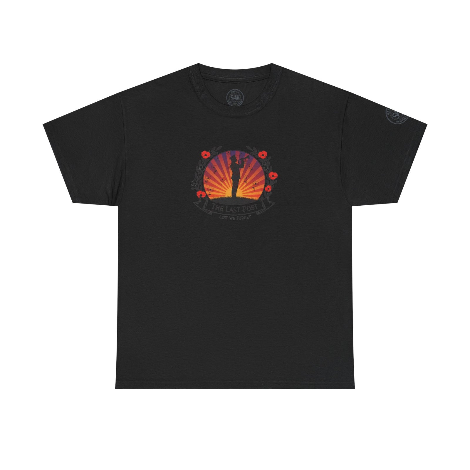 Black t-shirt by S&W Gallus, featuring a circular graphic of a bugler against a sunrise, framed by poppies and the words "The Last Post, Lest We Forget".
