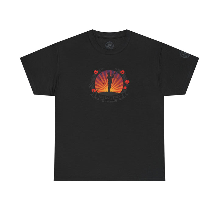 Black t-shirt by S&amp;W Gallus, featuring a circular graphic of a bugler against a sunrise, framed by poppies and the words "The Last Post, Lest We Forget".

