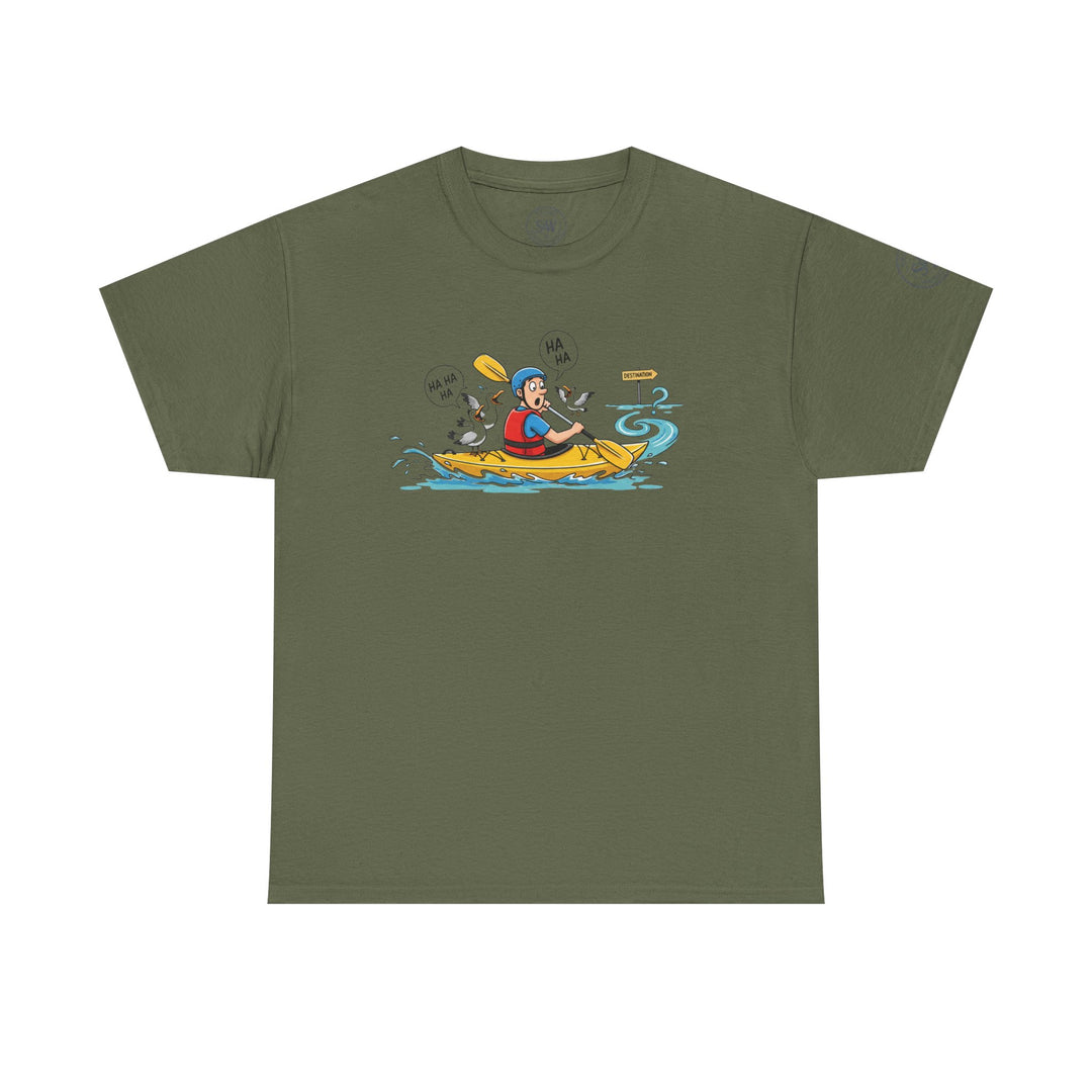 Olive green t-shirt by S&amp;W Gallus with cartoon illustration of kayaker being heckled by birds on a river.