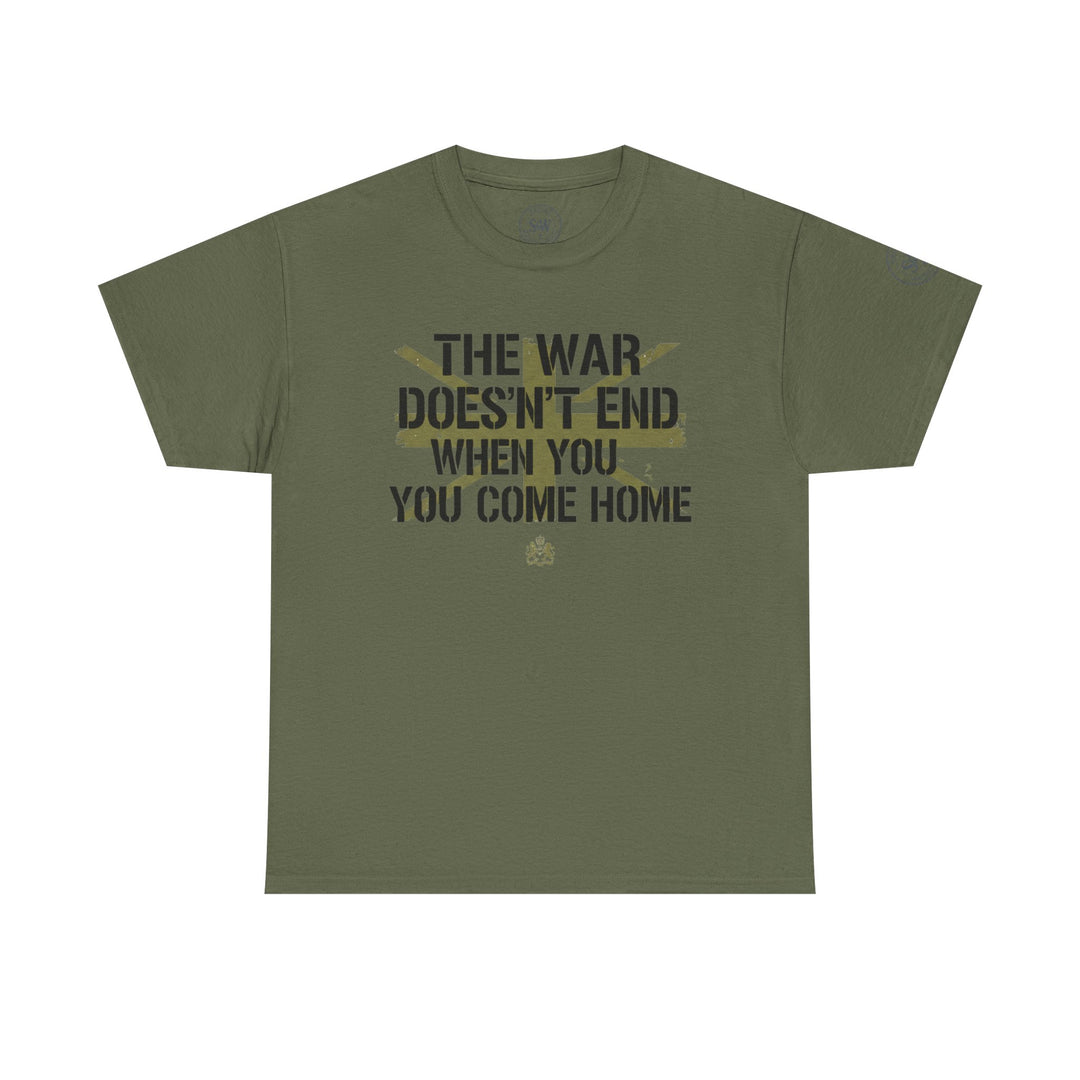 Olive green t-shirt by S&amp;W Gallus with a printed slogan and emblem on the front.