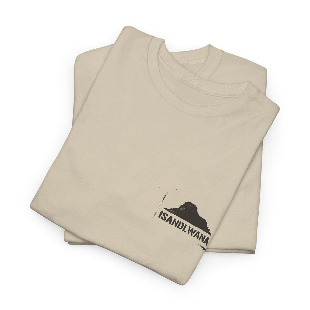Minimal Rorke’s Drift landscape tee with “Isandlwana Over My Heart” design. Subtle Anglo-Zulu War tribute for true history enthusiasts.