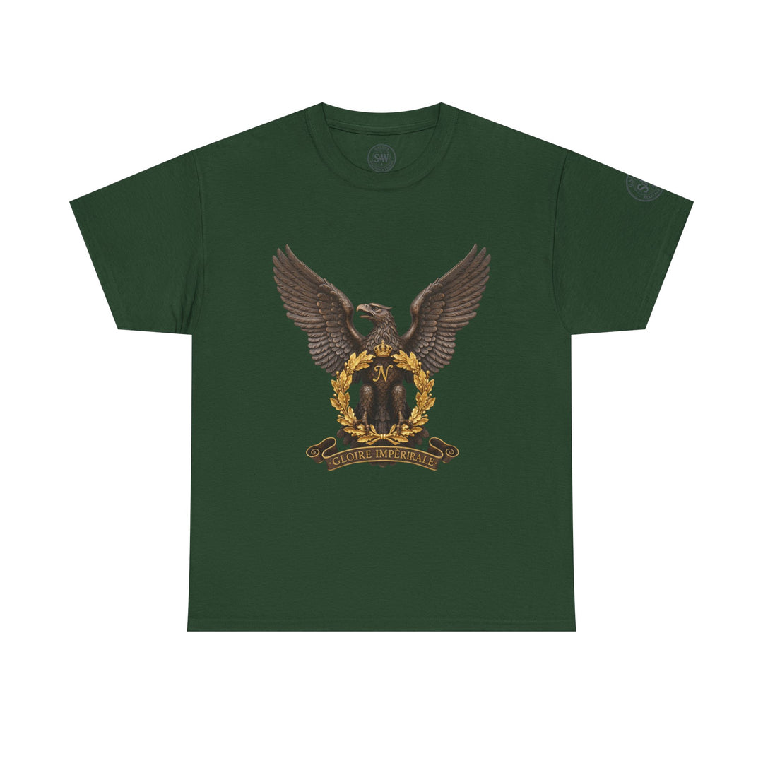 Green t-shirt by S&amp;W Gallus featuring an eagle crest with spread wings and French Imperial symbols.