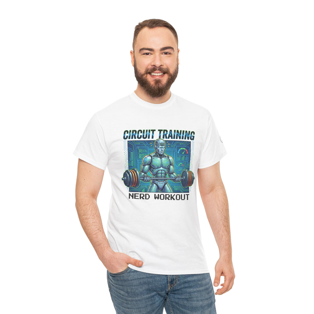 White "Circuit Training Nerd Workout" graphic tee by Veteran owned, worn with jeans by smiling man.