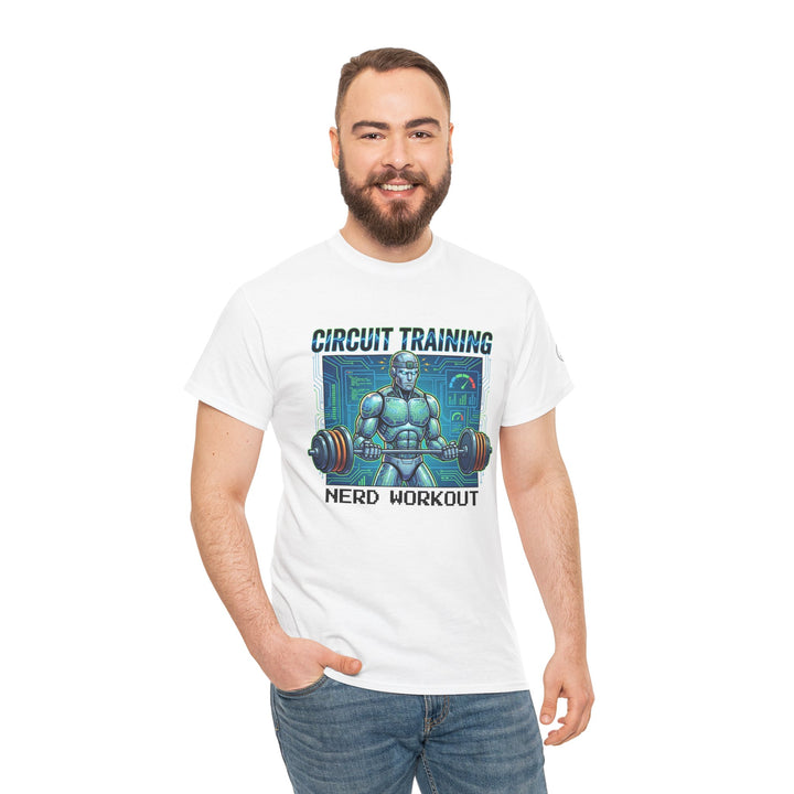 White "Circuit Training Nerd Workout" graphic tee by Veteran owned, worn with jeans by smiling man.