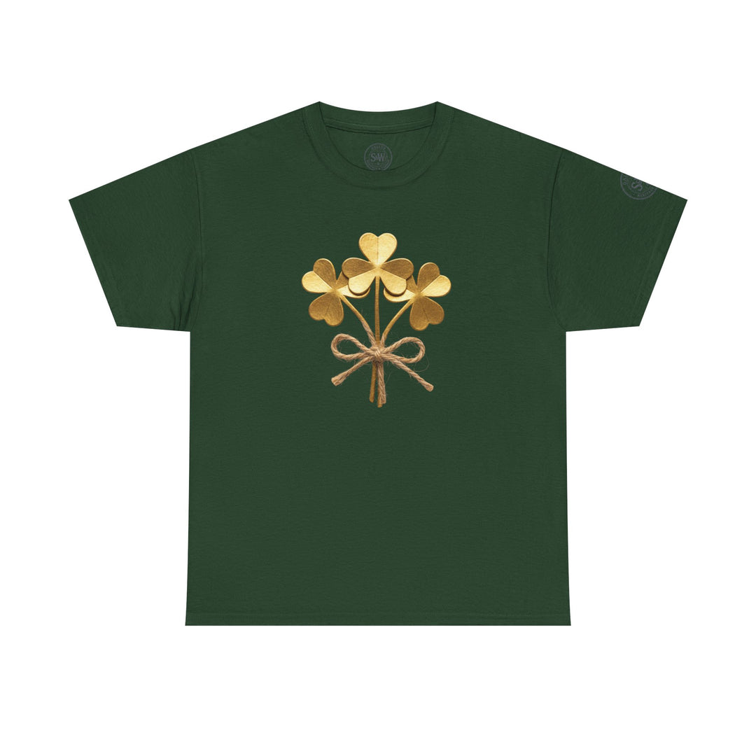 Green t-shirt by S&amp;W Gallus featuring a central shamrock bouquet graphic tied with twine.