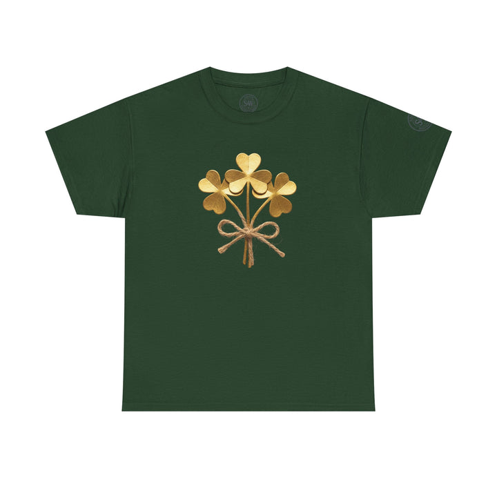Green t-shirt by S&amp;W Gallus featuring a central shamrock bouquet graphic tied with twine.