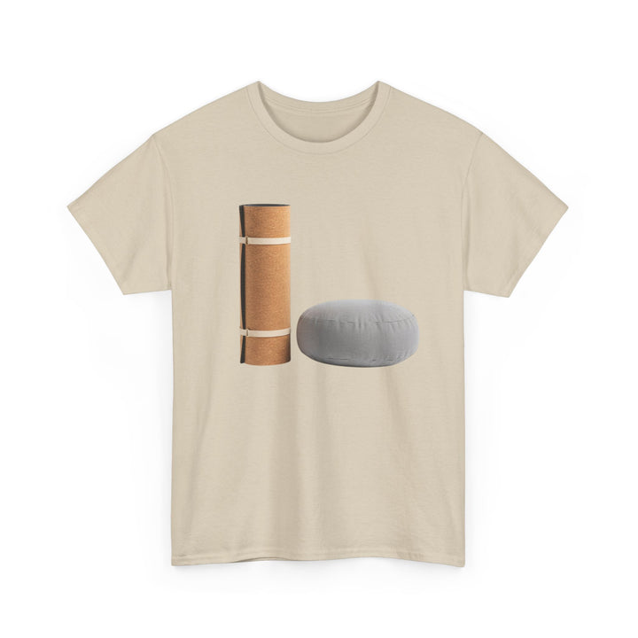 Mat &amp; Meditation Cushion Tee – soft, breathable cotton featuring a yoga-inspired design. Perfect for meditation, studio practice, or mindful everyday wear.