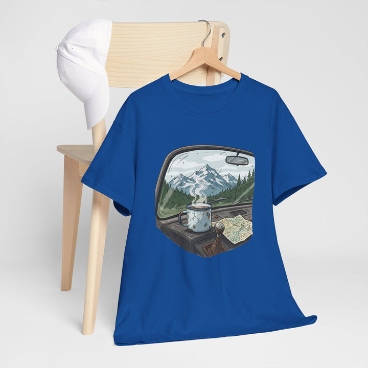 Van Roadtrip View T-Shirt featuring a scenic travel-inspired design. Soft cotton comfort perfect for van life, road trips, and outdoor adventures.
