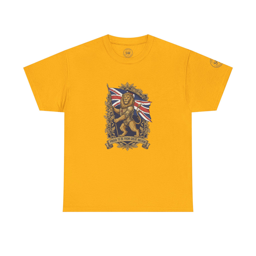 Mustard yellow t-shirt by S&amp;W Gallus, featuring a British lion crest graphic on the front.
