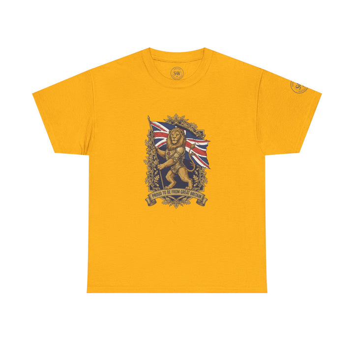 Mustard yellow t-shirt by S&amp;W Gallus, featuring a British lion crest graphic on the front.