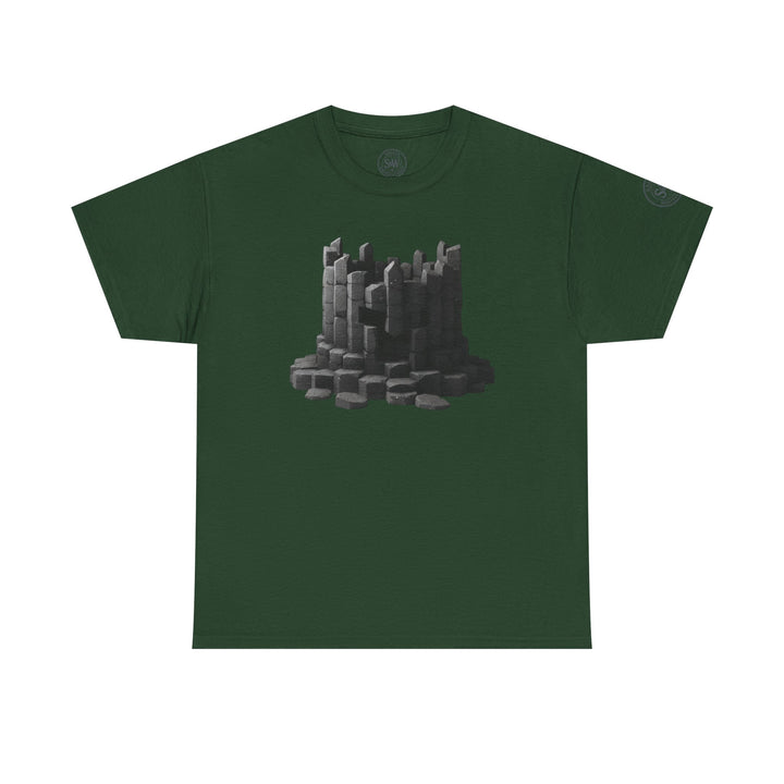 Green t-shirt by S&amp;W Gallus, featuring a graphic of a basalt column tower on the front.