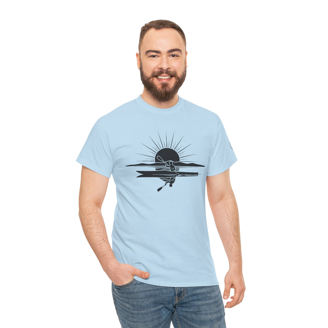 Light blue Kayak Sunset T-Shirt by S&amp;W Gallus, featuring a black kayak design, worn with blue jeans.
