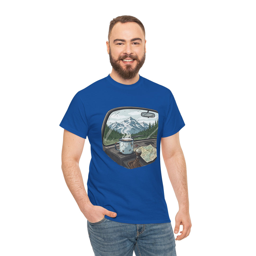 Van Roadtrip View T-Shirt featuring a scenic travel-inspired design. Soft cotton comfort perfect for van life, road trips, and outdoor adventures.