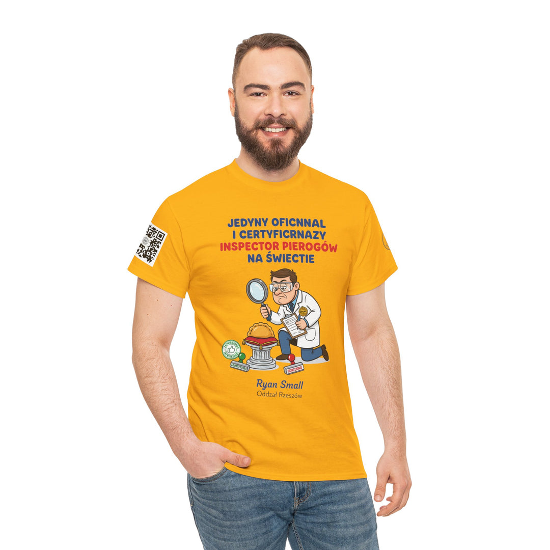 Yellow t-shirt by S&amp;W Gallus featuring a cartoon inspector graphic, paired with blue jeans.