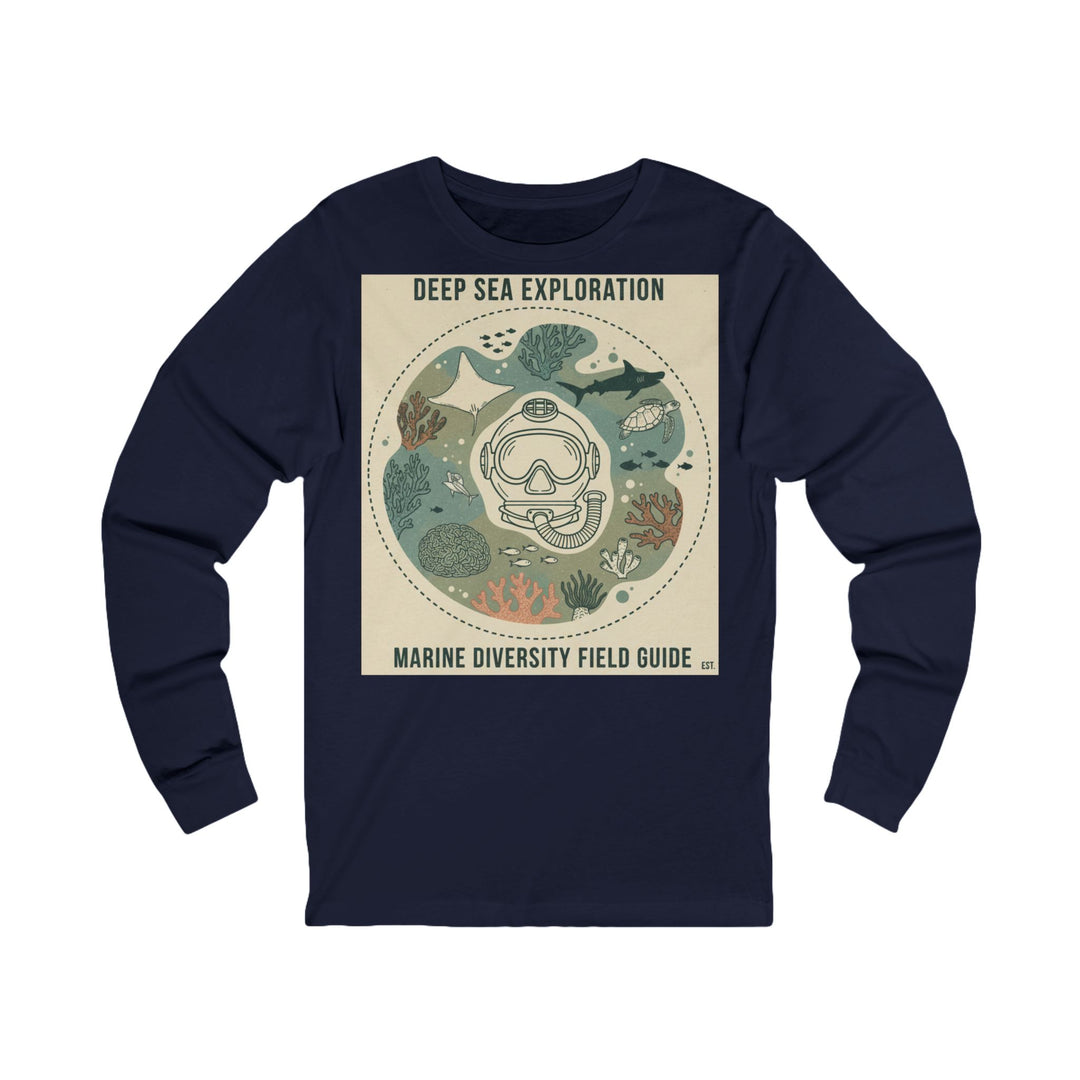 Navy long sleeve tee by S&amp;W Gallus featuring a "Deep Sea Exploration" marine life graphic on the front.
