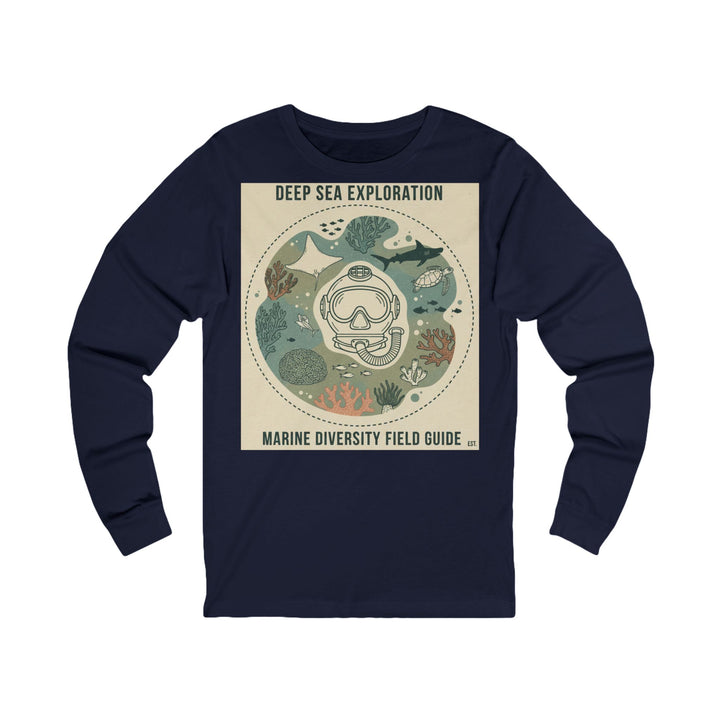 Navy long sleeve tee by S&amp;W Gallus featuring a "Deep Sea Exploration" marine life graphic on the front.