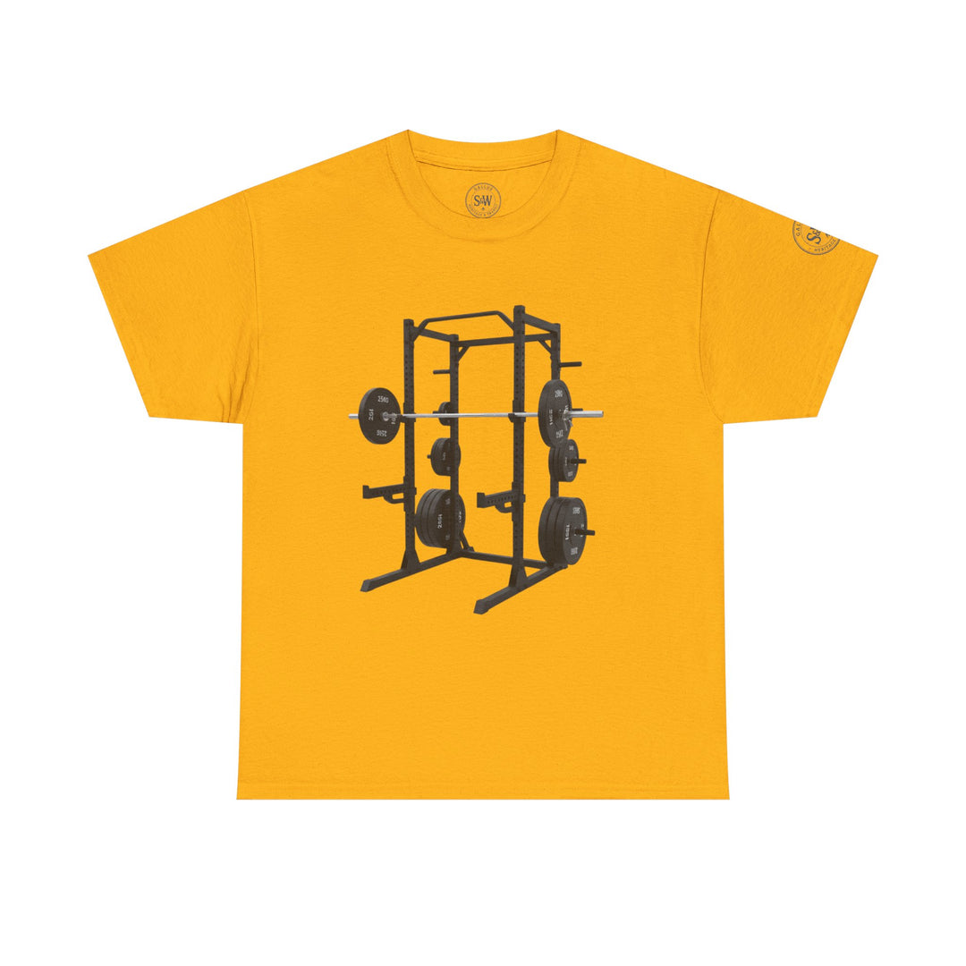 Mustard-yellow t-shirt by S&amp;W Gallus, featuring a graphic print of a black power rack with weights on the front.