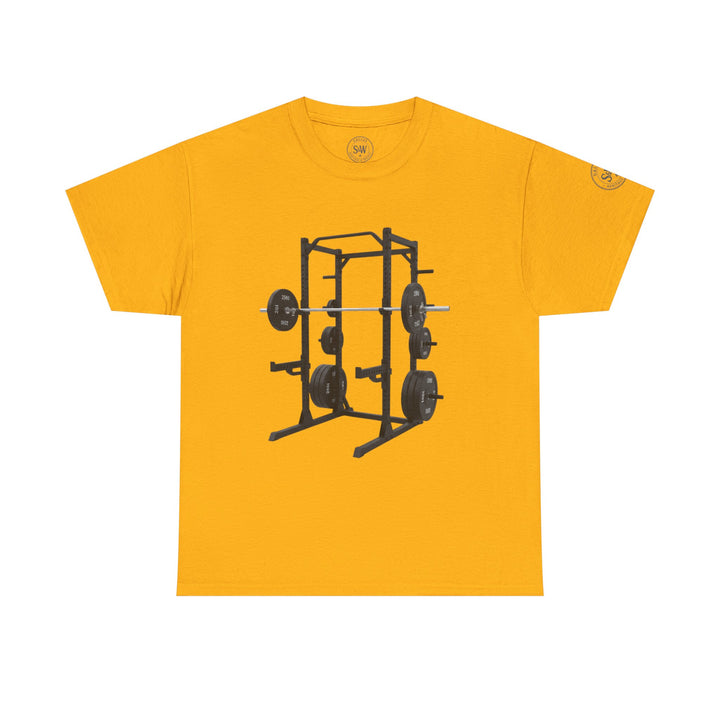 Mustard-yellow t-shirt by S&amp;W Gallus, featuring a graphic print of a black power rack with weights on the front.