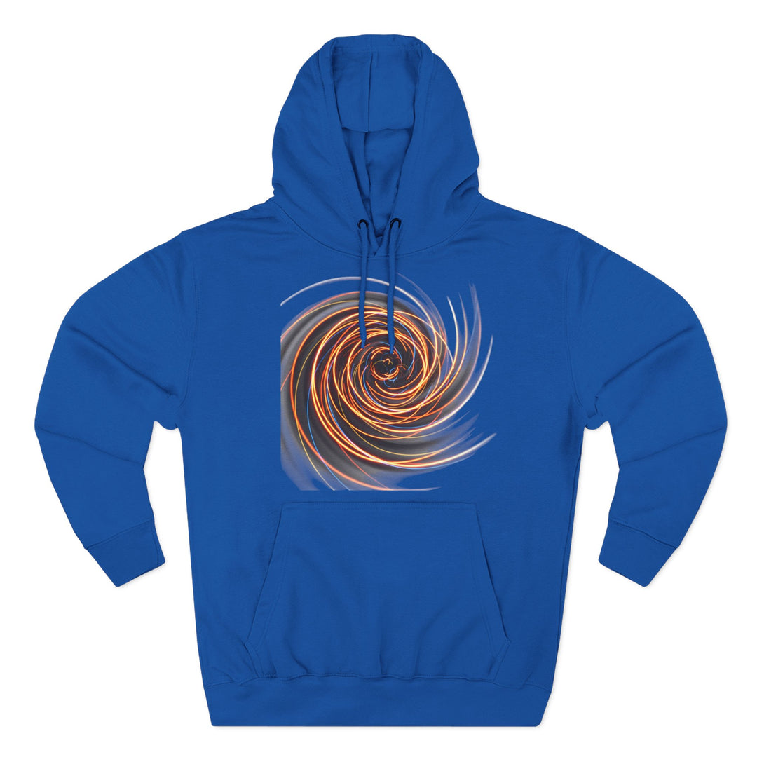 Blue hoodie by S&amp;W Gallus featuring a swirling spiral flame graphic on the front.