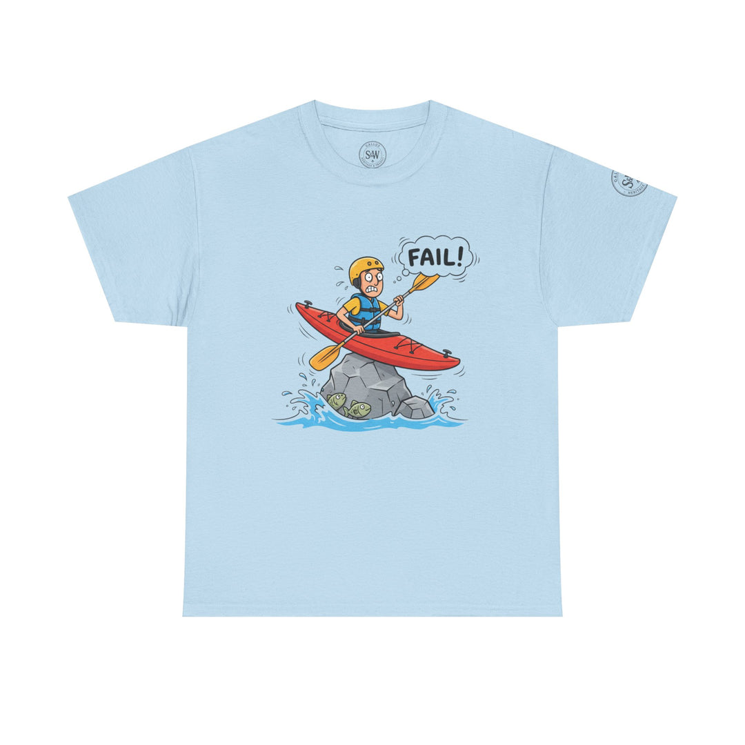 Light blue T-shirt by S&amp;W Gallus displaying a cartoon of a kayaker crashing into a rock and exclaiming "Fail!".