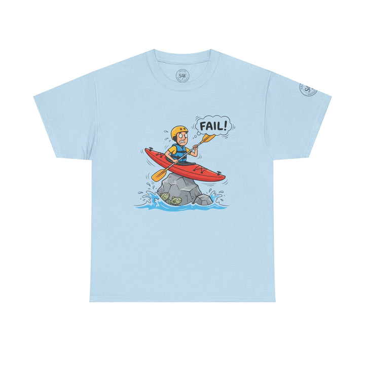 Light blue T-shirt by S&amp;W Gallus displaying a cartoon of a kayaker crashing into a rock and exclaiming "Fail!".
