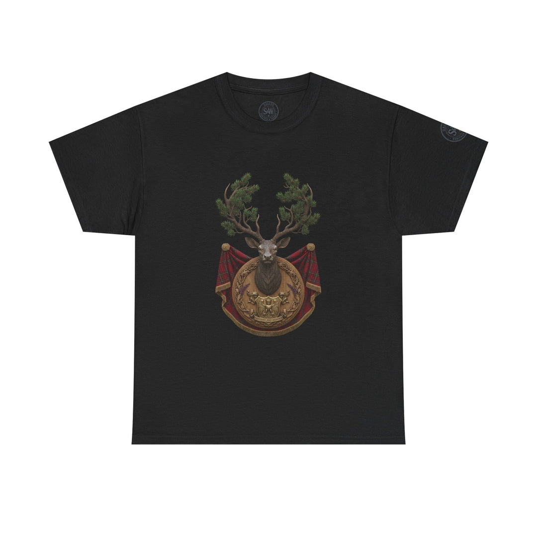 Black short-sleeve t-shirt by S&amp;W Gallus, featuring a stag crest design on the front.
