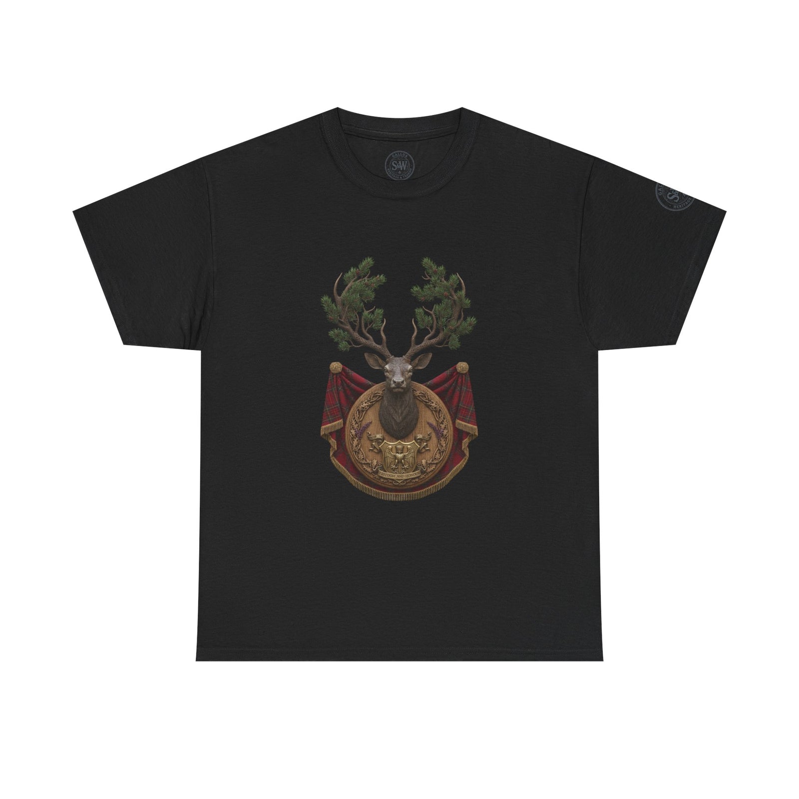 Black short-sleeve t-shirt by S&W Gallus, featuring a stag crest design on the front.