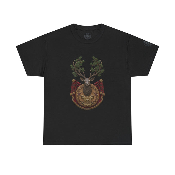 Black short-sleeve t-shirt by S&amp;W Gallus, featuring a stag crest design on the front.