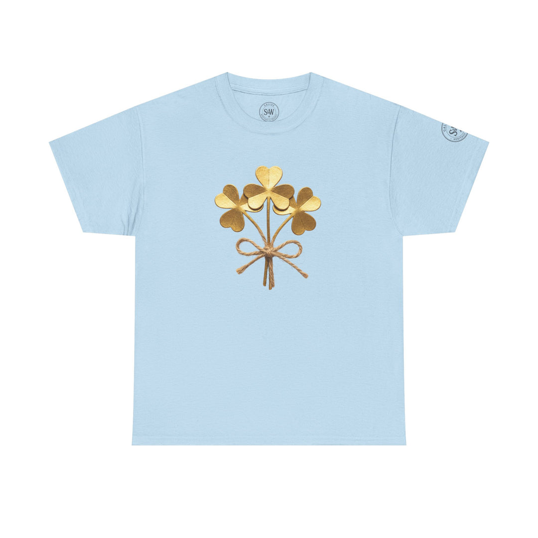 Light blue t-shirt by S&amp;W Gallus with a golden shamrock bouquet and a knotted twine detail on the front.