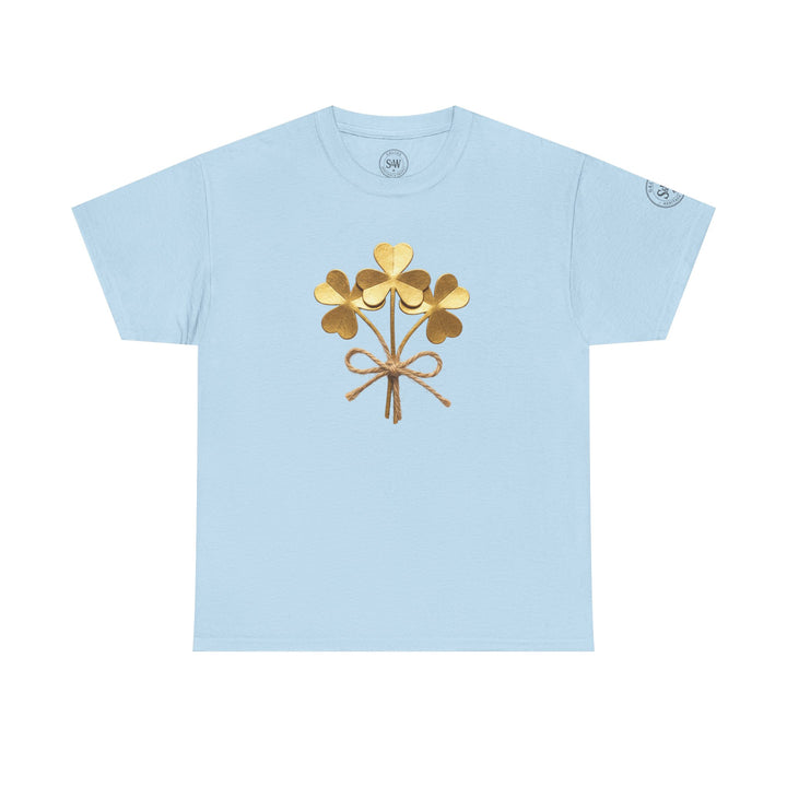 Light blue t-shirt by S&amp;W Gallus with a golden shamrock bouquet and a knotted twine detail on the front.