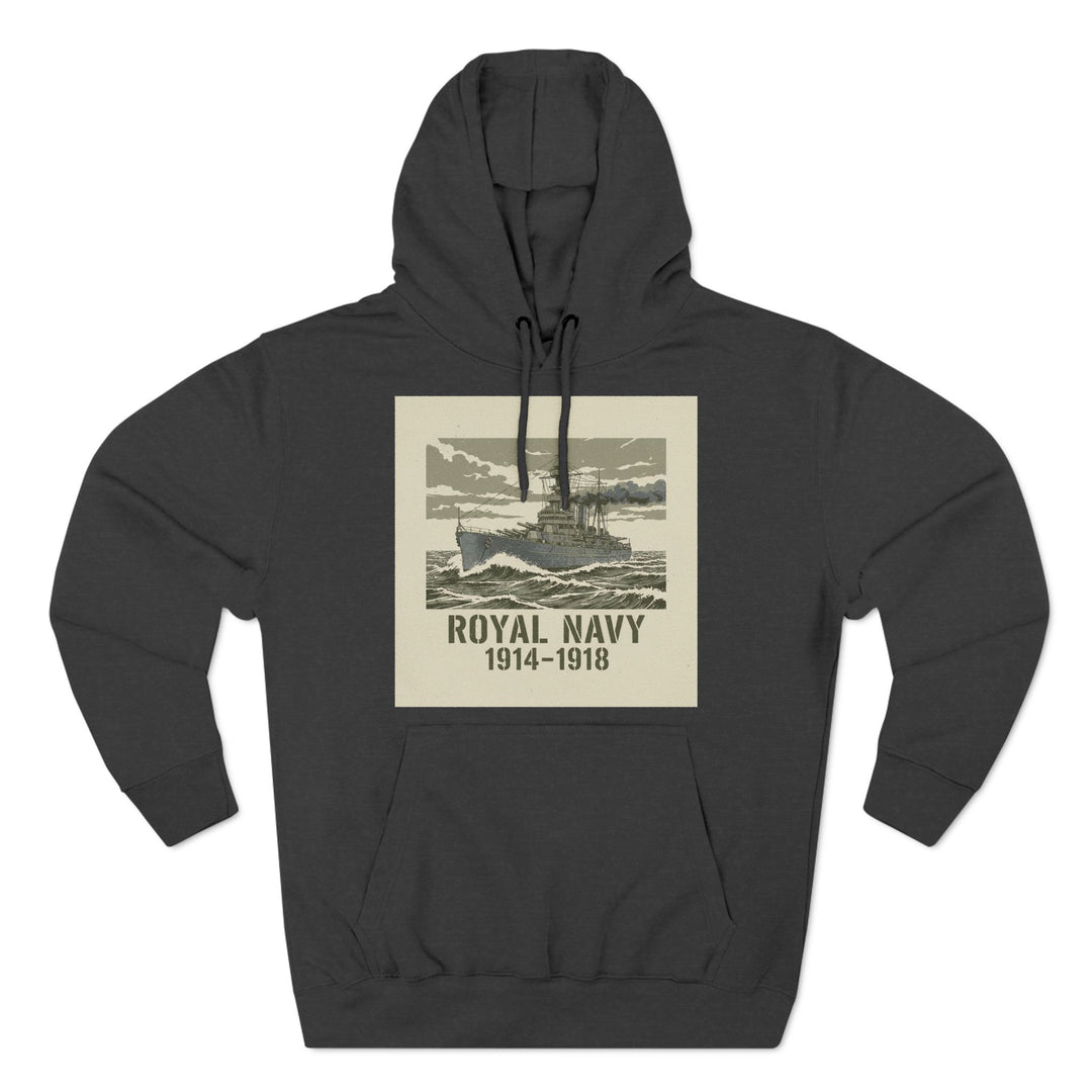 Gray hoodie by S&amp;W Gallus featuring a vintage-style Royal Navy design from 1914–1918, and a large front pocket.