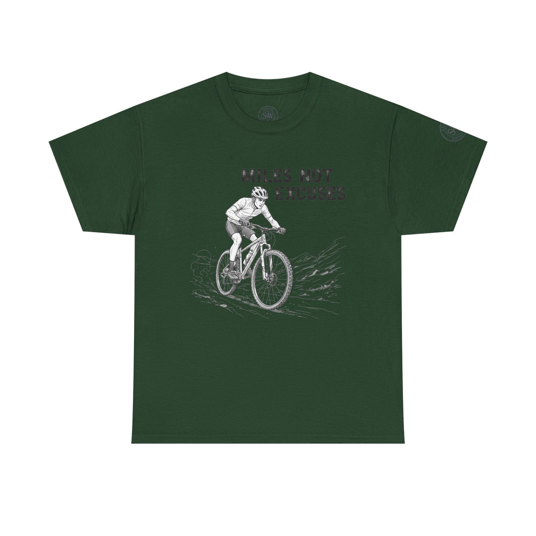 Green tee shirt by S&amp;W Gallus featuring a mountain biker graphic and a matching circular logo on the sleeve.