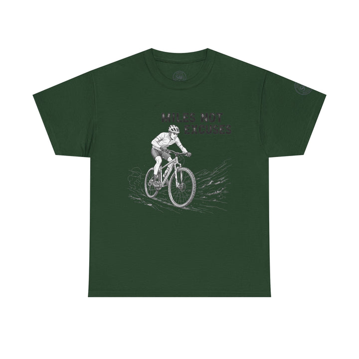 Green tee shirt by S&amp;W Gallus featuring a mountain biker graphic and a matching circular logo on the sleeve.