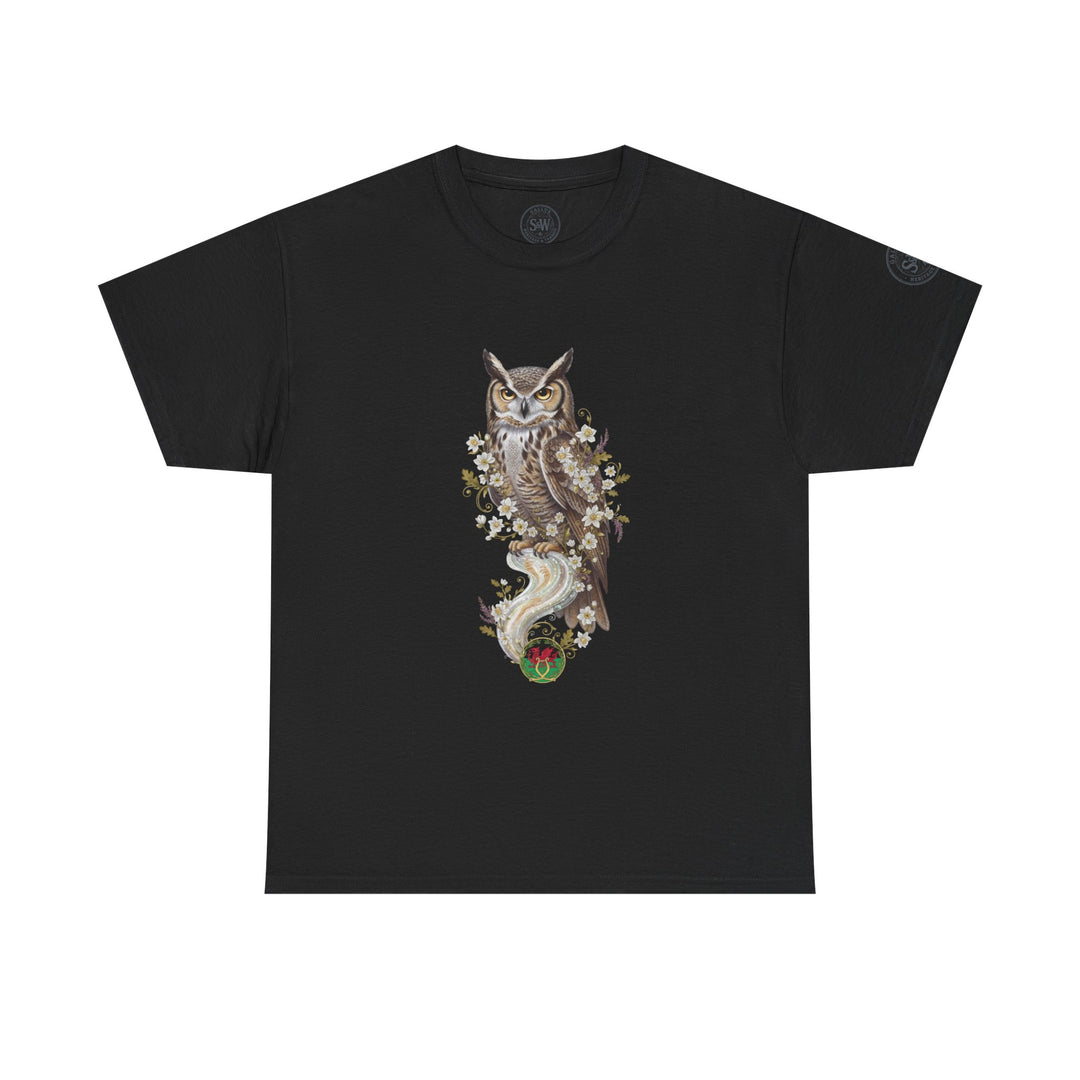 Black graphic t-shirt by S&amp;W Gallus featuring an owl illustration with floral accents.