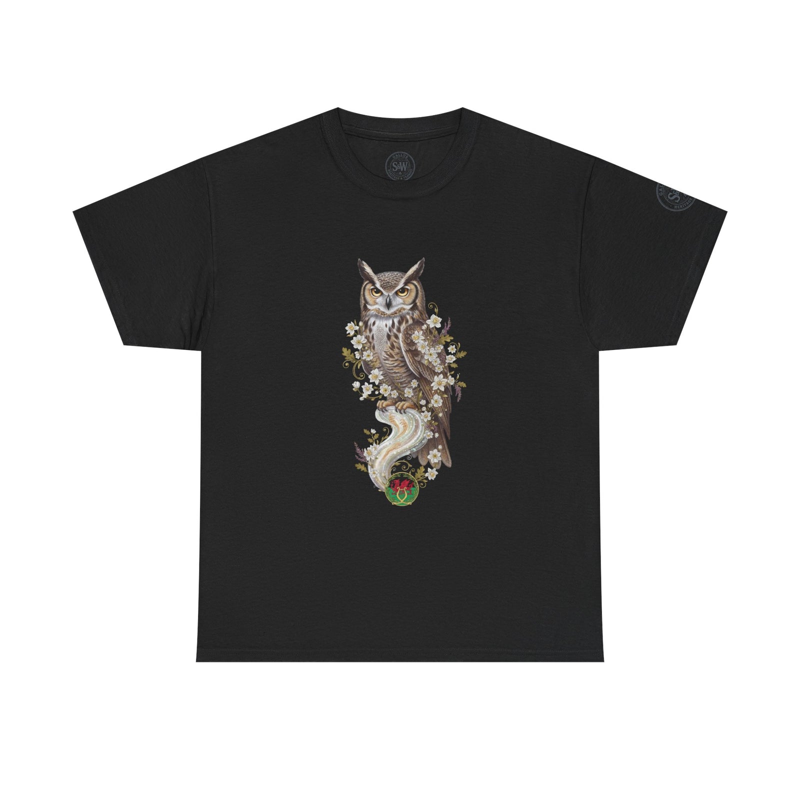Black graphic t-shirt by S&W Gallus featuring an owl illustration with floral accents.