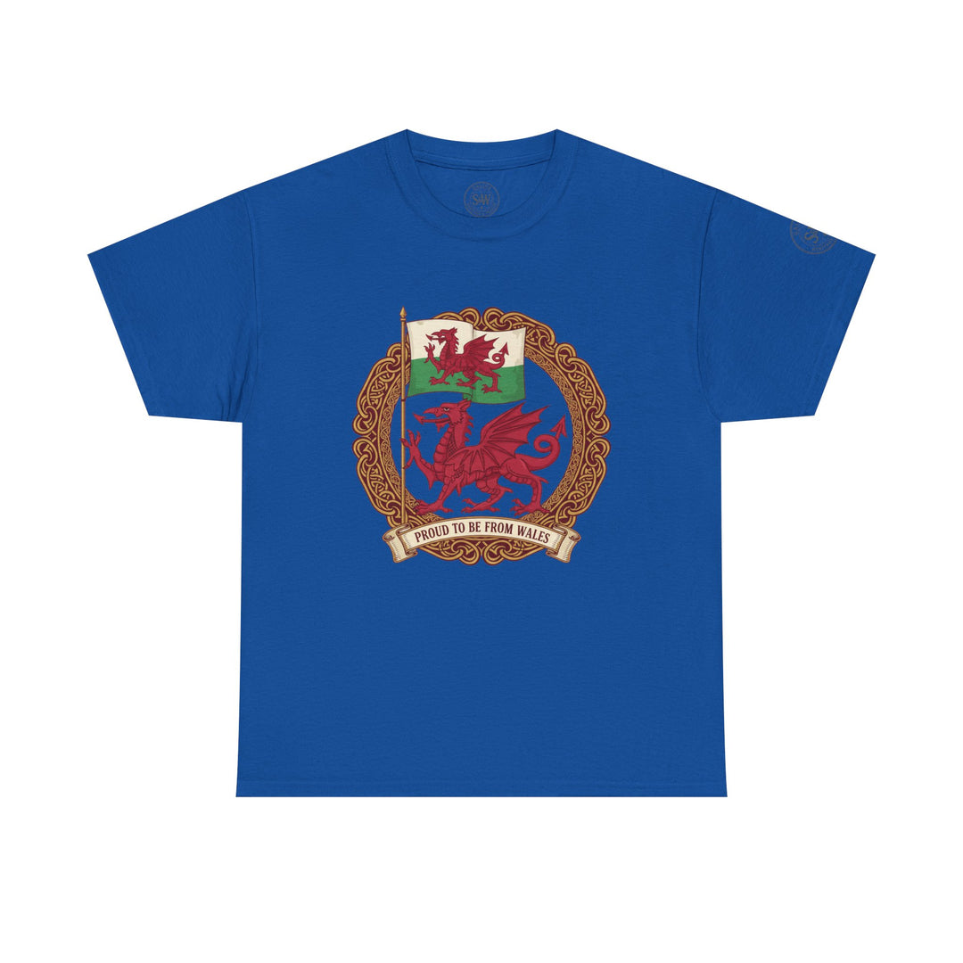 Blue Wales Pride T-shirt by S&amp;W Gallus featuring the Welsh dragon and flag in an ornate Celtic-style frame.