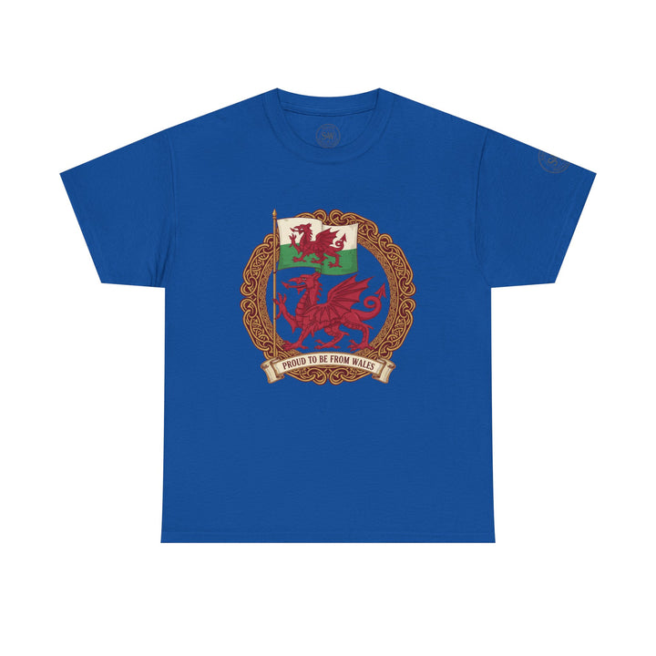 Blue Wales Pride T-shirt by S&amp;W Gallus featuring the Welsh dragon and flag in an ornate Celtic-style frame.