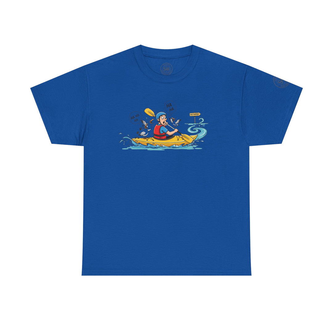 Blue T-shirt by S&amp;W Gallus, featuring a cartoon of a kayaker being laughed at by seagulls.