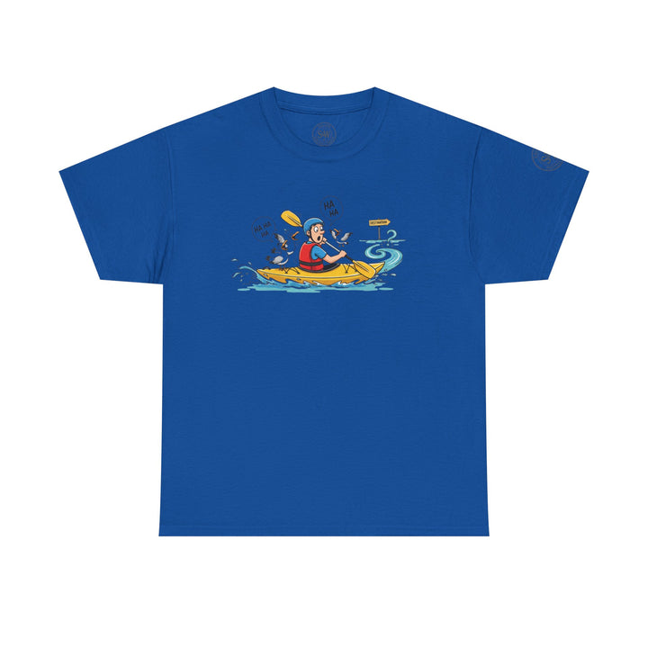 Blue T-shirt by S&amp;W Gallus, featuring a cartoon of a kayaker being laughed at by seagulls.