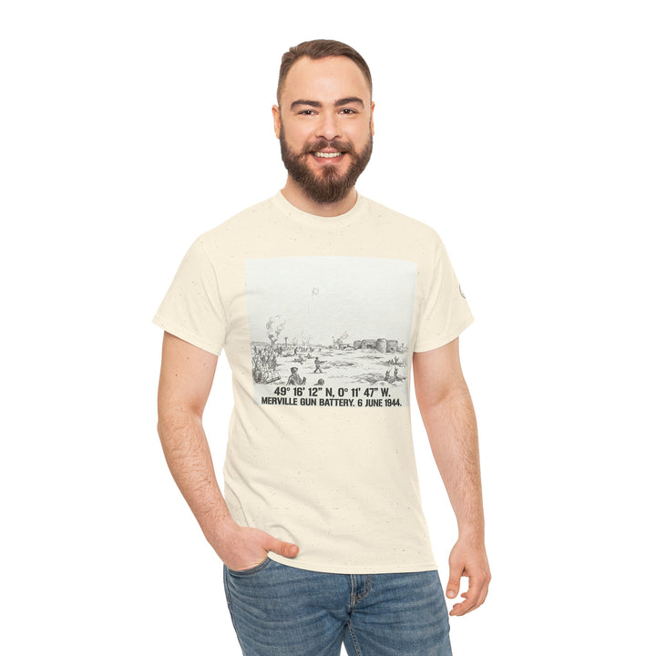 Beige graphic T-shirt by Veteran owned, featuring a historical sketch print and coordinates, styled with blue jeans.