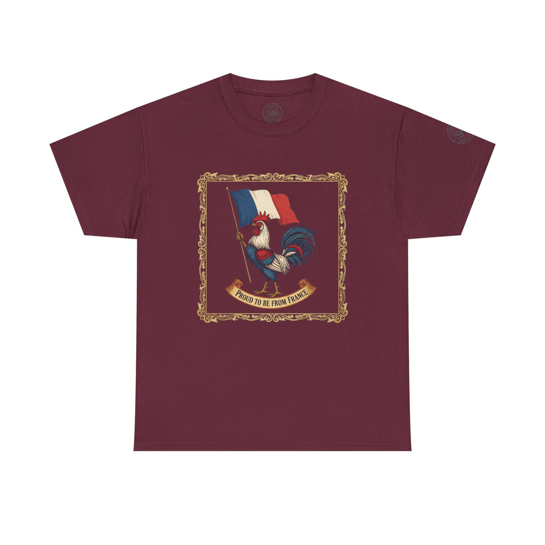 Maroon t-shirt from S&amp;W Gallus with a graphic print of the French flag and a rooster.